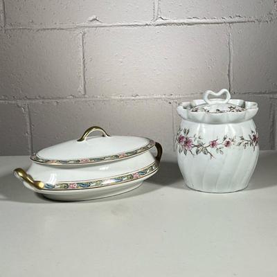 (2pc) Tureen And Jar | Covered white jar with floral design, numbered on bottom. Covered tureen, Homer Laughlin, with gold handles. - h....