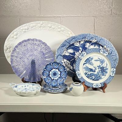 (11pc) Blue And White Serving Pieces | Large white turkey platter, Wedgewood floral platter, round lilac fluted dish, Royal Copenhagen...