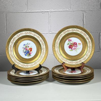 (12pc) Gold Rimmed Plates | Bavarian China plates with floral center and gold trim. Marked on the bottom. - dia. 10.5 in
