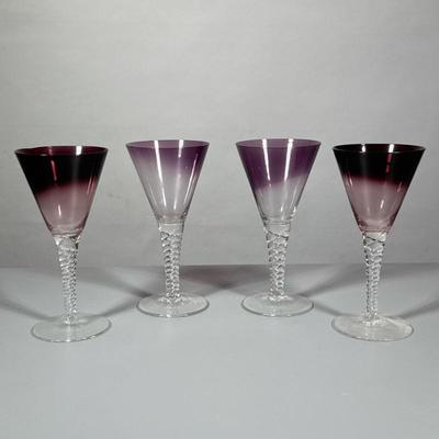 (4pc) PURPLE GLASS WINE GLASSES | Including: pair of purple glass wine glass & pair of purple glass water goblets with twisted stem -...