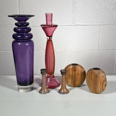 (6pc) Assorted Candle Holders | Including pair of MCM, round wooden holders, pair of small ceramic holders, one cranberry colored blown...