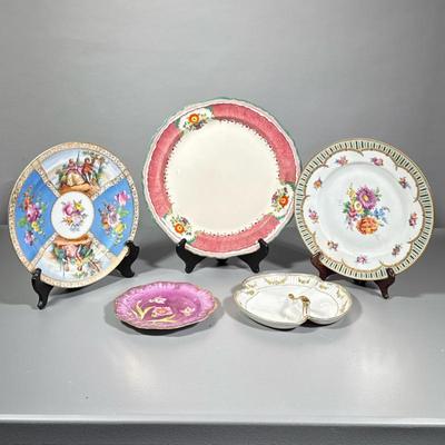 (5pc) Decorative Plates And Serving Pieces | Hand painted 3 section dish with gold trim and handle, small purple plate marked Germany,...