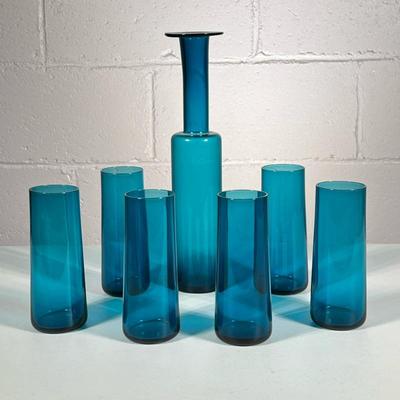 (7pc) Nanny Still for Rihimaen Lasi Oy Decanter & Glasses | Blue decanter & set of 6 matching glasses, decanter signed on bottom...