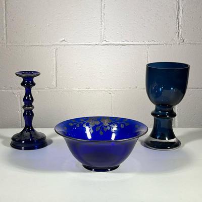 (3pc) Matching Bowl And Candle Stick Holder Plus Vase/Challis | Dark blue bowl and candlestick holder have painted dogwood leaves and...