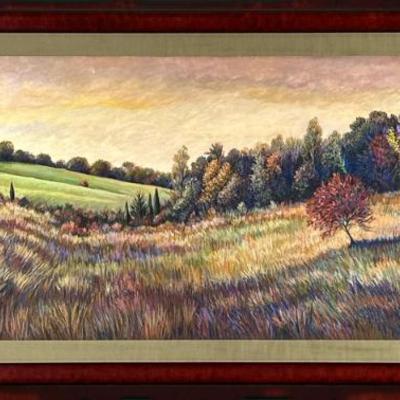 SIGNED PASTEL ARTWORK | Autumn field. Pastel on paper. 23.5 x 59.5 in. Sight. Signed lower right - h. 32.25 x w. 68.25 in
