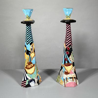 (2pc) PAIR LARGE DECORATIVE CERAMIC CANDLESTICKS | Pair of large decorative ceramic candlesticks, signed & dated on bottom - h. 19 x...