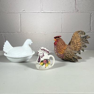 (3pc) Chickens | Small chicken pitcher, white covered chicken dish and decorative light rooster made out of wood scrapes and perhaps...