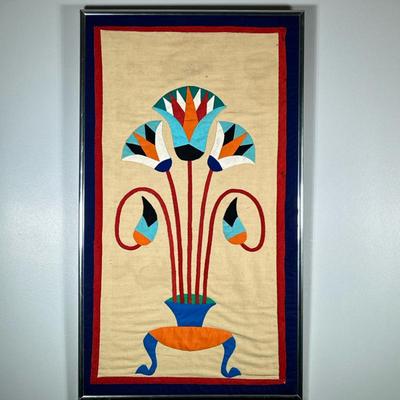LINEN TAPESTRY ARTWORK | Stitched linen tapestry. Egyptian; Lotus Appliqué - h. 30.75 x w. 18.75 in
