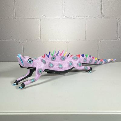 CARVED WOOD IGUANA | Carved wood & colorfully painted iguana or lizard, signed on bottom “Poyfiyio Sosa Gutieyyez” - h. 7 x w. 5.5 x...
