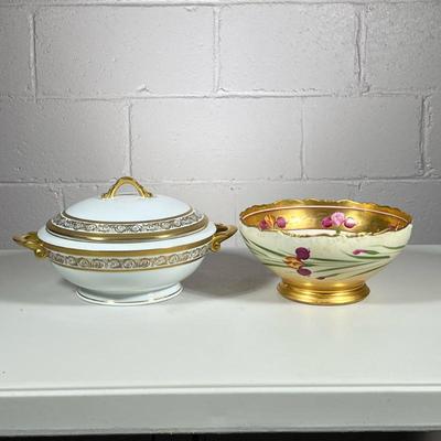 (2pc) Tureen And Bowl | Hand-painted Limoges bowl with gold trim and pink flowers. Covered tureen with gold handles also Limoges. - h. 5...