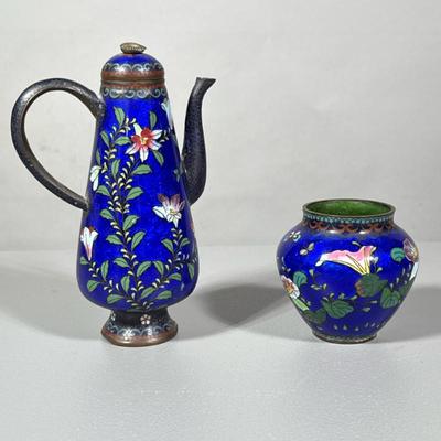 (2pc) Cloisonné | Matching small tall teapot and small vase. Blue enamel with floral design. - h. 7.5 x w. 5 in (teapot)
