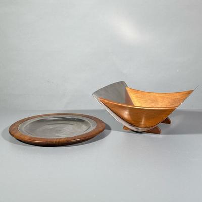 (2pc) Mid Century Swedish Metal And Teak Bowl & Stand | 2-piece Swedish square bowl on stand - h. 5 x w. 10 x d. 8 in
