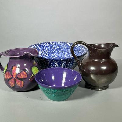 (4pc) Pottery | Pitcher with metallic glaze, deep purple pitcher with flower, green and purple small bowl, large blue speckled bowl. - h....