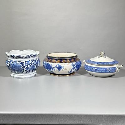 (3pc) Cachepot, Tureens | In shades of blue, one with top. All are marked or numbered. - h. 6 x dia. 8 in (Cachepot)
