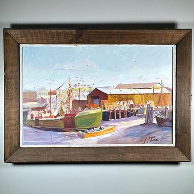 SIGNED HARBOR OIL PAINTING | Oil on canvas 20 x 30 in. Stretcher Signed lower right Attrib. to Robert Graham Dryden Alexander (1875-1945)...