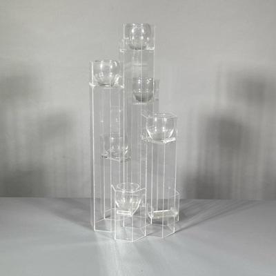 Votive Display | Multi-tiered lucite votive candle holder. Holds 7 votives. One is missing. - h. 21 x w. 9 in
