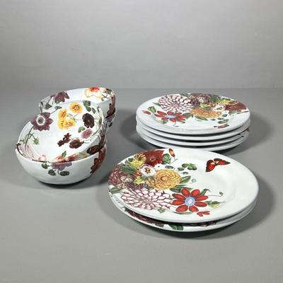 (10pc) Bowls and Salad Plates | 6 plates and 4 matching bowls made in Portugal by Dahlia’s. Butterflies, dahlias and pansies design. - h....