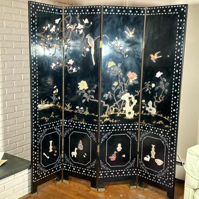 ASIAN FLOOR SCREEN | Having inlaid Pearl border, with carved stone bird, flower, and other decorative relief - h. 72 x w. 16 in (each...