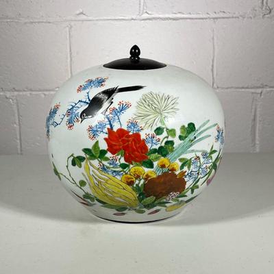 (1pc) Chinese Famille Rose Porcelain Ginger Jar | With wood lid signed on base - h. 8 x w. 9 x l. 9 x d. 9 in

