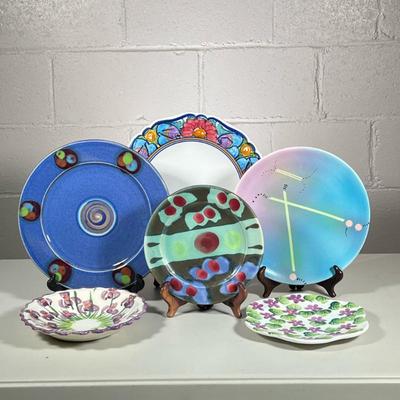 (6pc) Assorted Pottery | 5 dishes and one shallow bowl. All different designs. - dia. 12.5 in (largest)
