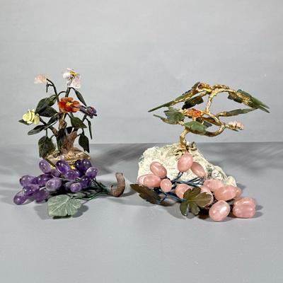 (4pc) Jade Bonsai Tree And Miscellaneous Glass Artwork | Bonsai Tree with gold branches is attached to stone. Plant in brass planter also...