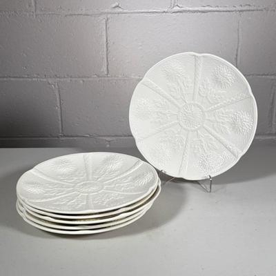 (6pc) WEDGWOOD PORCELAIN DISHES | Set of 6 flower relief decoration white porcelain plates by Wedgwood - dia. 9.25 in
