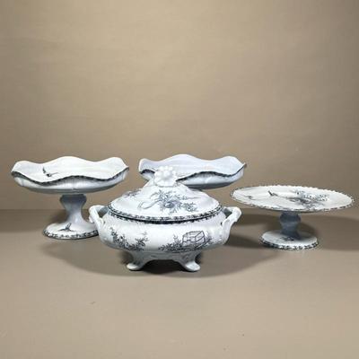 (4pc) Antique French GRAND DEPOT Blue Ironstone Pieces | Including 3 compotes and a tureen - h. 5.5 x w. 9 x l. 9 x d. 9 in (compote)
