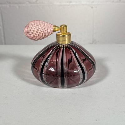 BLOWN GLASS PERFUME BOTTLE | Having a purple striped design - h. 3.5 x dia. 4 in
