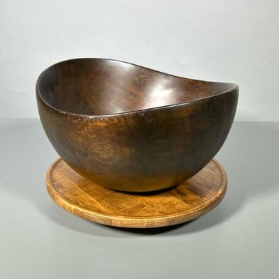 (2pc) Salad Bowl And Lazy Susan | Dark wood deep bowl and spinning tray made in Vermont - dia. 12 in (Lazy Susan)
