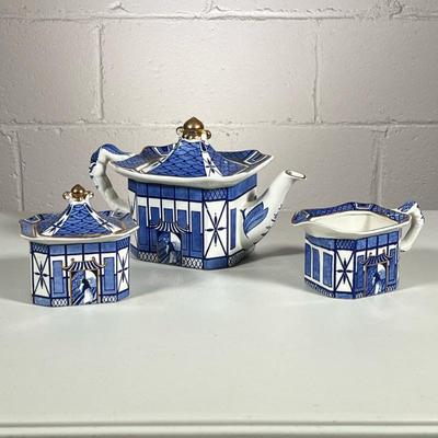(3pc) Japanese Themed Tea Set | “Pagoda” classic design from Burleigh. Square teapot, sugar and creamer. - h. 7 x w. 6 x l. 11 in (Teapot)
