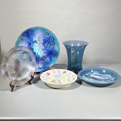 (5pc) Artistic Dishes | Painted art glass plate with markings, painted pottery pie dish, handmade painted grapes on copper plate from...