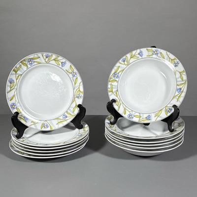 (12pc) Matching Plates And Bowls | 6 bowls and matching plates with blue flowers on rims. Dansk. Dimensions: dia. 9.5 in (Plate)
