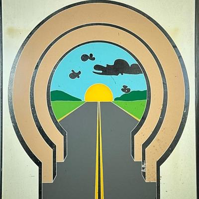 SIGNED MID CENTURY MIRRORED ARTWORK | Signed painted mirror artwork showing sunset over a road - h 40.25 x w. 35.25 in
