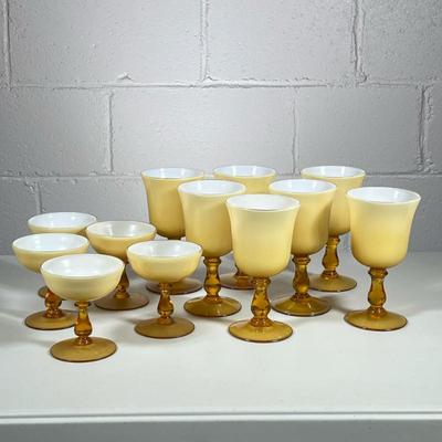 (12pc) AMBER MILK GLASS GLASSES | Including 7 water goblets and 5 champagne glasses - h. 7 x dia. 3.75 in
