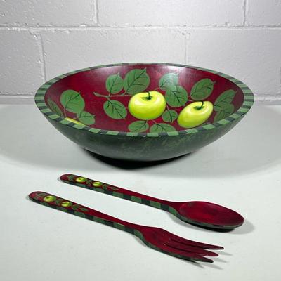 (3pc) SHERWOODFOREST DESIGN SALAD BOWL & UTENSILS | Sherwoodforest Design wooden painted salad bowl with matching utensils - h. 4 x...
