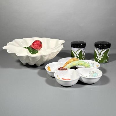 (4pc) Ceramic Serving Dishes And Salt And Pepper Shakers | Scalloped serving bowl divided into two sections with a pear in the middle. 5...