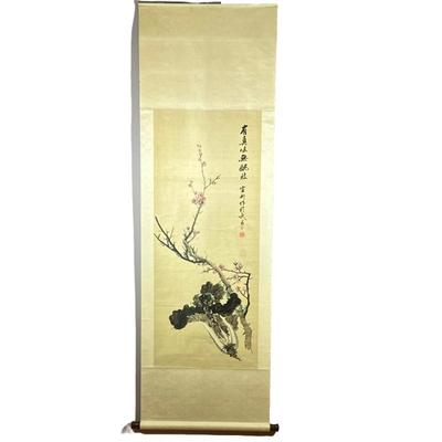 ASIAN SCROLL PAINTING | Asian silk painting on mounted scroll 50.75 x 20.75 in silk - h. 82 x w. 29 in (scroll)
