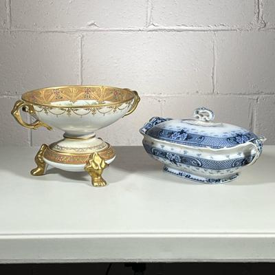 (2pc) Vintage hand-painted Nippon Bowl & Stand with gold accents. | Vintage high-quality hand-painted Nippon Bowl with gold accents....