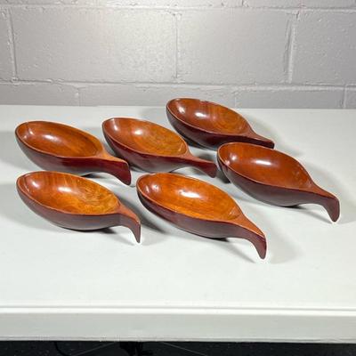(6pc) MCM Individual Bowls | Possibly teak or monkey pod wood. Used for serving snacks, nuts. Dimensions: h. 2 x w. 4 x l. 9 in
