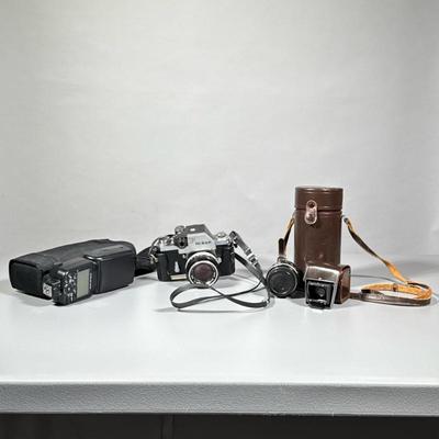 (3pc) Vintage Nikon Camera Plus Accessories | Nikon F camera body and lens Plus speed light 900 and other lenses - h. 10 x w. 8 x l. 8 in
