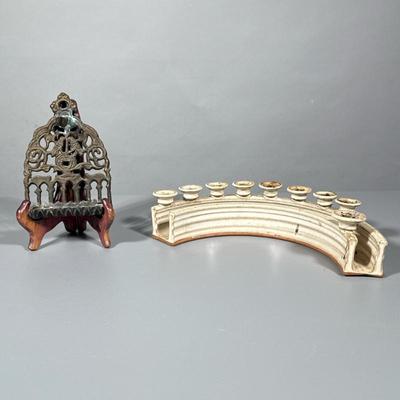 (2pc) MENORAHS | Including antique bronze hanging menorah, and curved ceramic menorah - h. 2.5 x w. 4.5 x l. 13 in
