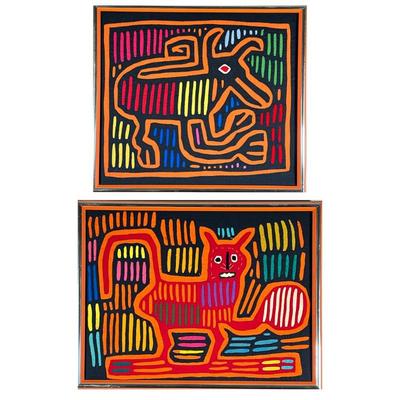 (2pc) COLOMBIAN MOLA TEXTILE ART | Set of 2 traditional Colombian MOLA textile artworks - h. 15.5 x w. 17.5 in
