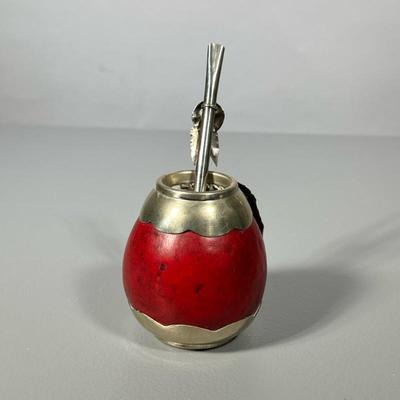 SILVER YERBA MATE GOURD & STRAW | Silver Yerba mate straw & rimmed gourd - h. 6 x dia. 3 in (gourd w/ straw)
