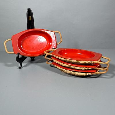(8pc) Individual Vintage Serving Pieces | Orange metal enamelware with accompanying basket. 4 pairs. Dimensions: w. 5.5 x l. 11.5 in...