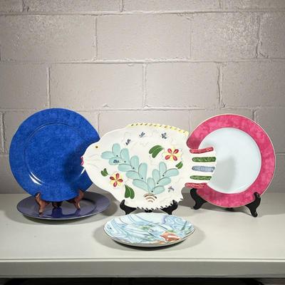 (5pc) Plates/Serving Pieces | 2 matching blue plates, fish serving dish, pink rimmed plate and scalloped plate with shades of green and...