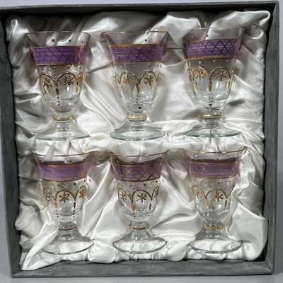 (6pc) HUNGARY BLOWN GLASSES | Set of 6 blown glass & decorated glasses in box, each glass: 3.75in h, 2.25in dia. - h. 3 x w. 10 x l....