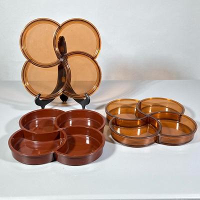 (3pc) MCM Snack Trays | Amber Dansk acrylic sectioned trays. - w. 10 x l. 10 in
