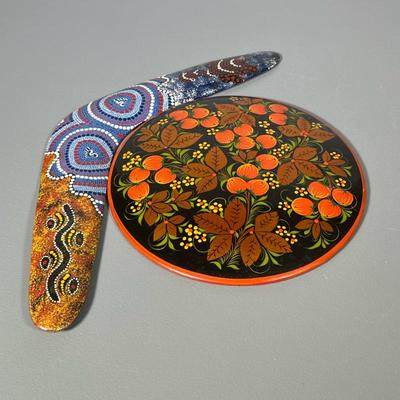 (2pc) Boomerang And Wall Art | Hand-made boomerang from Australia, hand-painted. Soviet era round, wooden, red art wall hanging. - 10 in...
