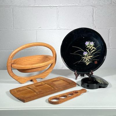 (4pc) Serving PIeces | Collapsable wooden fruit bowl, black oriental tray, wood tray and pasta measurer. Dimensions: w. 10 x l. 13.5 in...