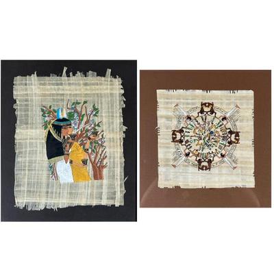 (2pc) EGYPTIAN PAPYRUS PAINTINGS | Set of 2 Egyptian Papyrus paintings. 16 x 13 in. Sight on larger piece - h. 21 x w. 18 in (larger)
